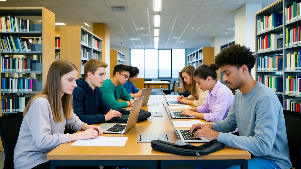 Group of college students studying together in a modern library, sitting at a long wooden table with open laptops and notebooks, surrounded by shelves filled with academic books and natural light coming through large windows in the background.